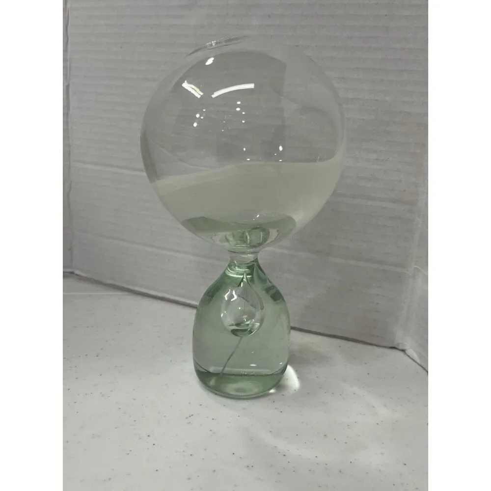 Double Round Vase Green with White Design Rare Vase Style Weighted Bottom